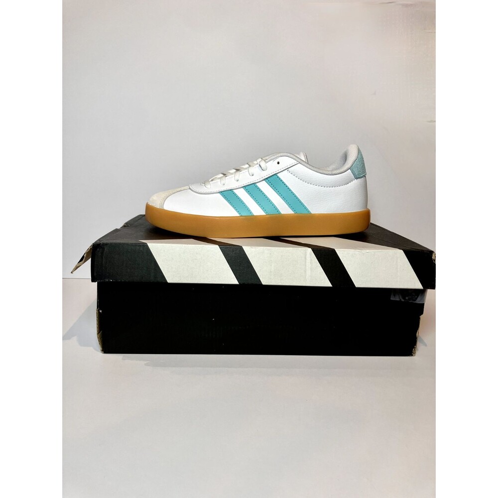 Adidas VL Court 3.0 Kids size 5.5, Womens 7.0 White/ aqua stripe JS2596
